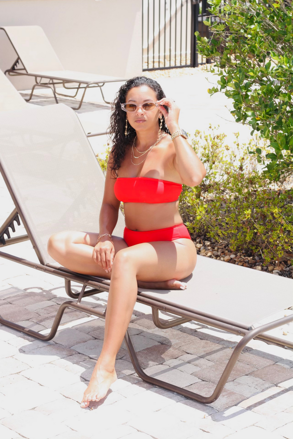 Giana Red Strapless Ribbed Lace Up High Cut Two Piece Bandeau Bikini Set